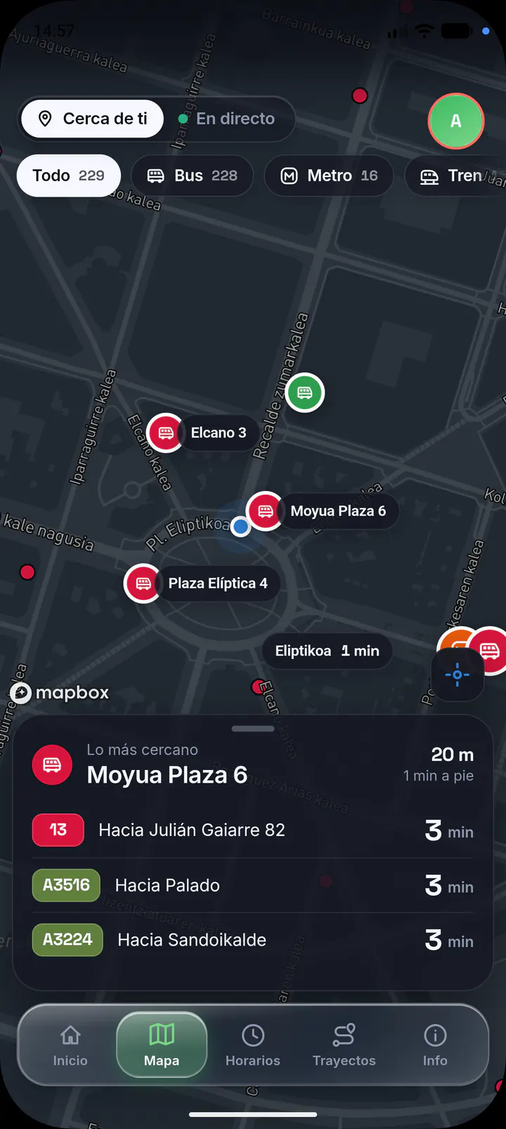 Mapa Cerca de ti en Bilbao con paradas de metro, bus y tren alrededor de Moyua Plaza y sus próximas salidas